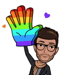 a cartoon man wearing glasses and a rainbow colored glove is waving his hand .