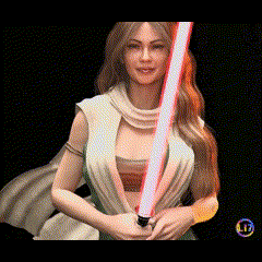 a woman with long hair is holding a red light saber .