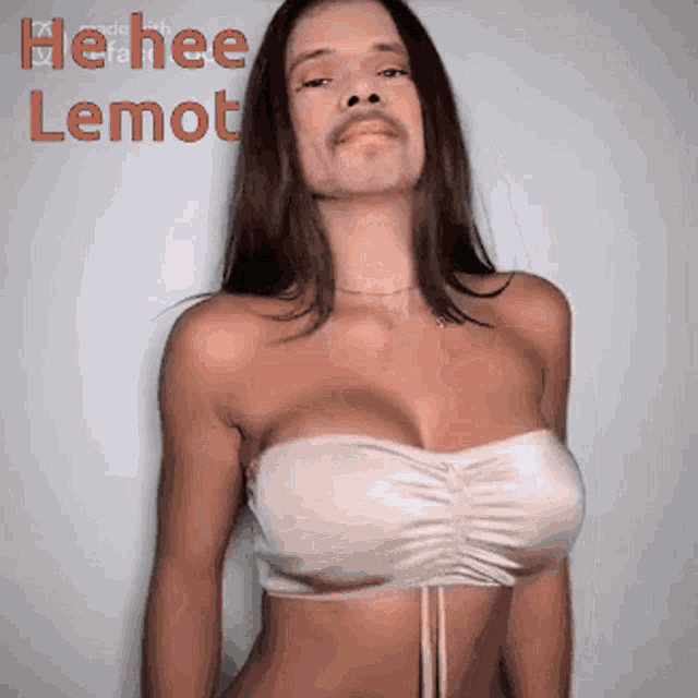 a woman wearing a bikini top with a fake mustache and the word lemot on the bottom