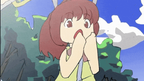 a cartoon drawing of a girl with red hair covering her mouth