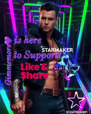 a man in a black jacket is standing in front of a neon sign that says starmaker like and share