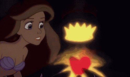 a cartoon of a woman looking at a glowing heart with a crown on it