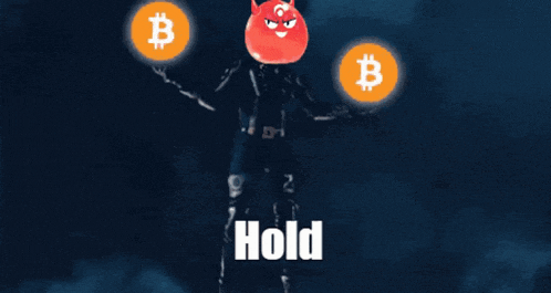 a cartoon character is holding two bitcoins in his hands and the word hold is on the bottom