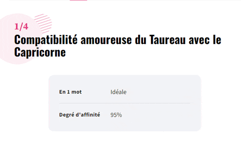 a screenshot of a page that says 1/4 compatibilite amoureuse du taureau avec le capricorne