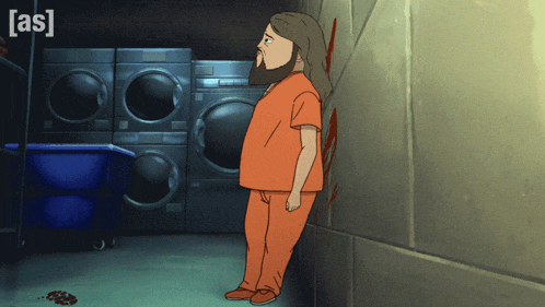 a cartoon of a man standing in a laundromat with the letters [ as ] visible
