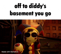 a cartoon character is holding a ball in his hand and says `` off to diddy 's basement you go '' .