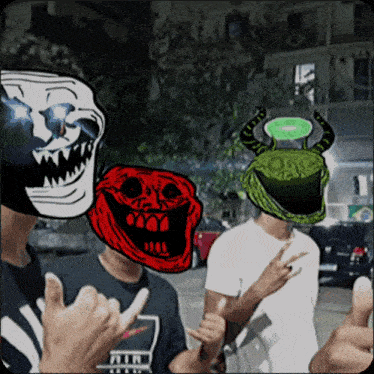a group of people with troll faces on their heads one of whom is wearing a shirt that says nike