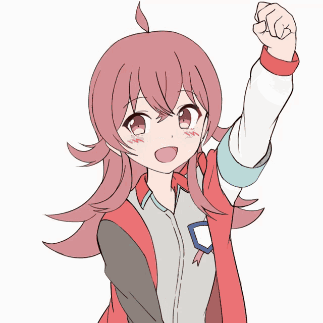 a drawing of a girl with pink hair is raising her fist