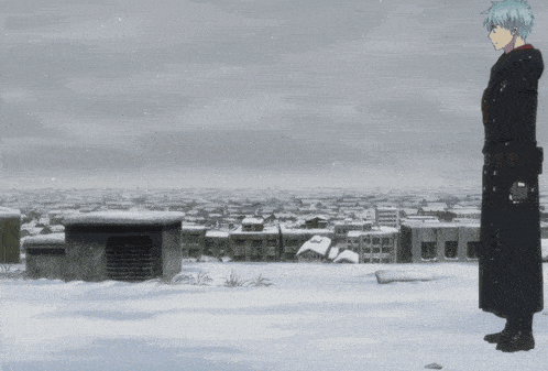 a man in a black coat stands on a snowy rooftop overlooking a snowy city