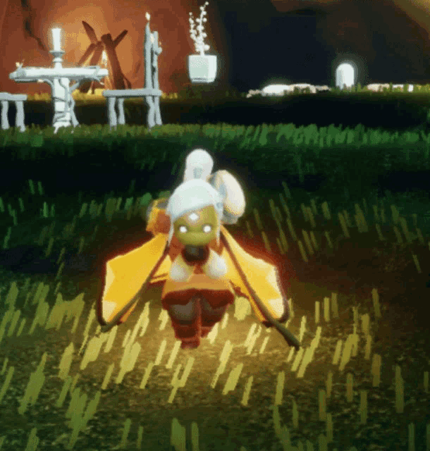 a cartoon character is standing in a field with a yellow blanket