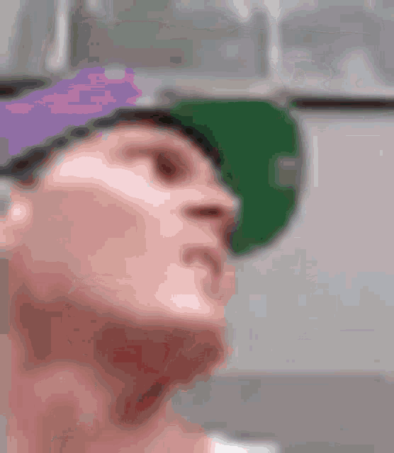 a man wearing a purple hat and a green hat .