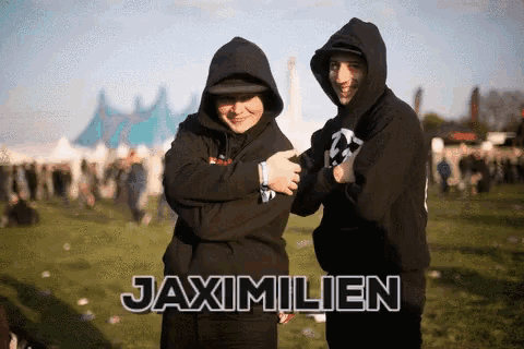 a man and a woman are posing for a picture with the name jaximilien written on the bottom