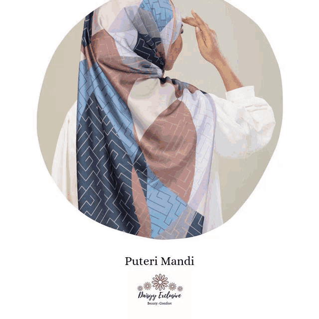 a woman wearing a scarf with the word puteri mandi on the bottom