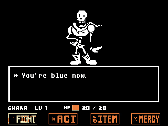papyrus from undertale is holding a shield and says `` you 're blue now . ''