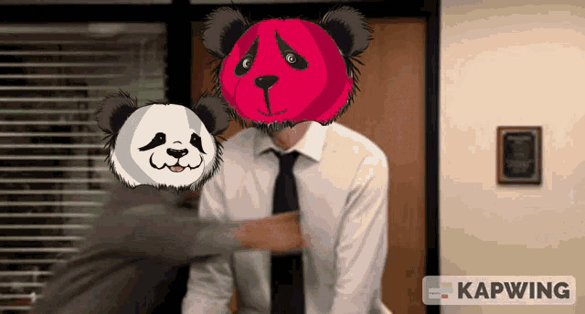a man in a suit and tie with two panda bears on his head