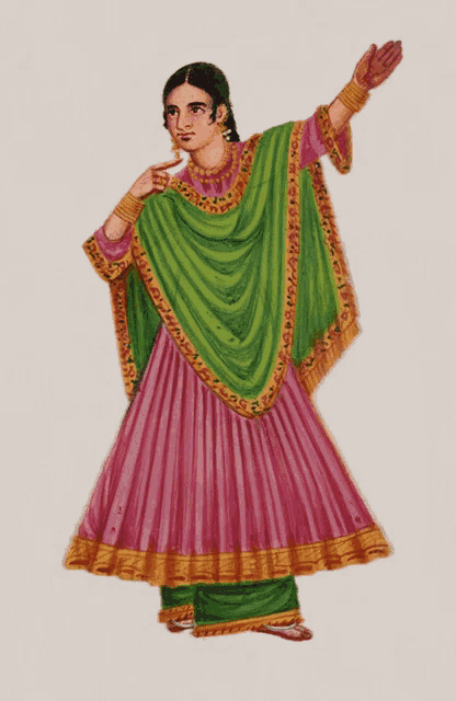 a painting of a woman wearing a green and pink dress