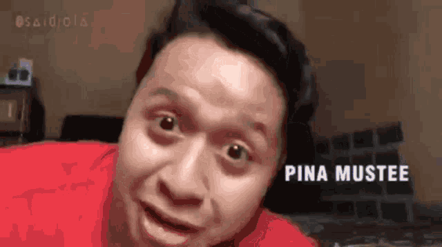 a man in a red shirt is making a funny face and the words pina mustee are on the bottom of his face .