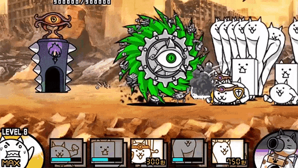 a group of cats are fighting a green monster in a video game ..