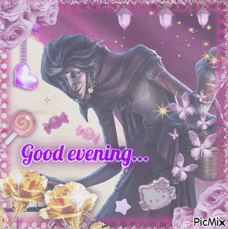 a picture of a man holding a basket with the words good evening written on it