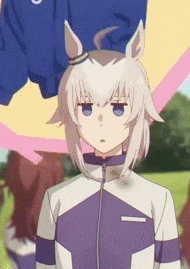 a girl with white hair and blue eyes is wearing a purple and white jacket