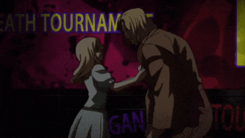 a woman 's hand is on a man 's neck
