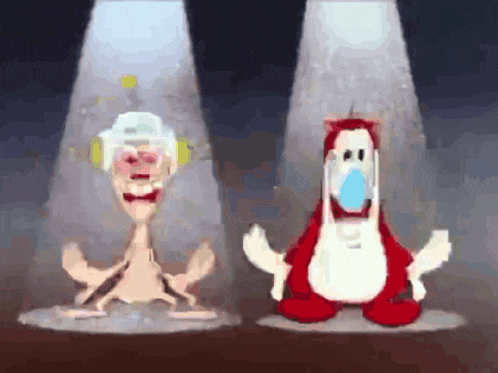 two cartoon characters are standing next to each other in the spotlight