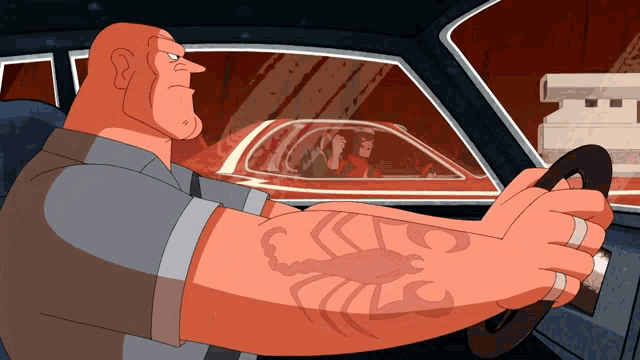 a man with a tattoo of a scorpion on his arm drives a car