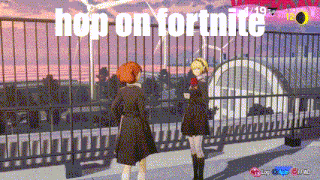 two anime girls are standing next to each other in front of a fence with the words hop on fortnite written above them .