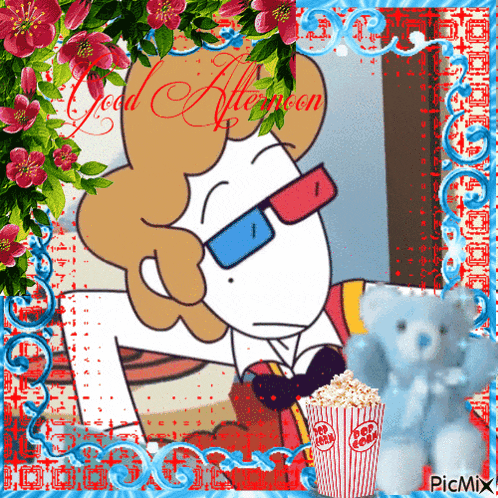 a picture of a cartoon character wearing 3d glasses and a bucket of pop corn