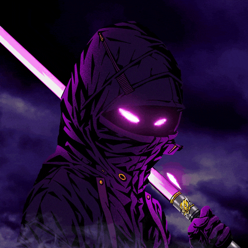 a person holding a purple lightsaber with a purple light coming out of it
