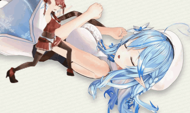 a girl with blue hair and a white hat is laying on the floor