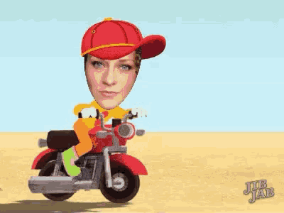 a woman in a red hat is riding a motorcycle