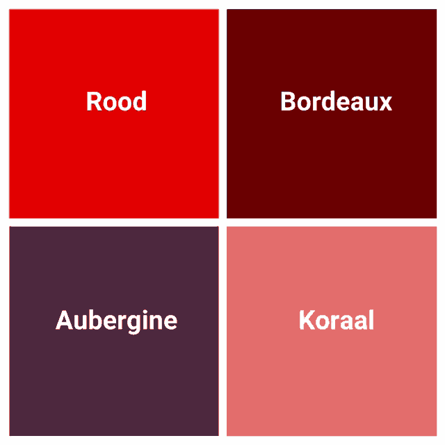four squares of different colors with rood bordeaux aubergine and koraal written on them