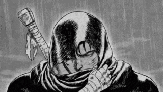 a black and white drawing of a man holding a sword and covering his face .