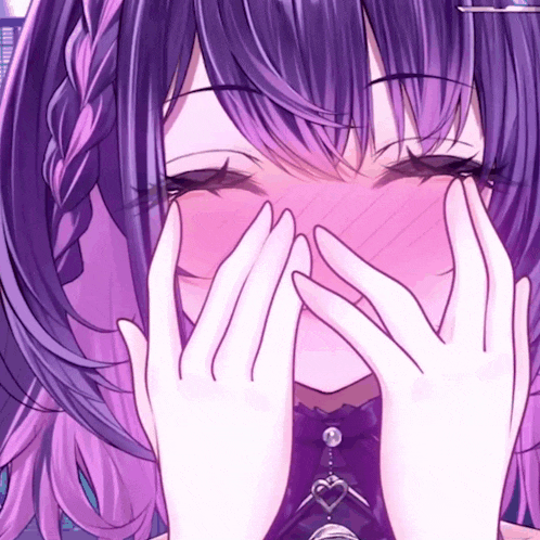 a girl with purple hair and white gloves covering her face