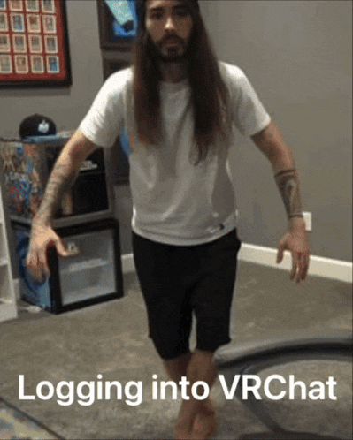 a man with long hair and a beard is standing in a room with the words logging into vrchat below him