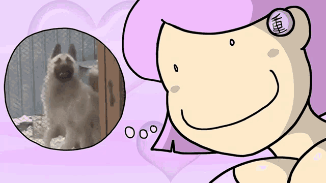 a cartoon drawing of a dog with a thought bubble that says o