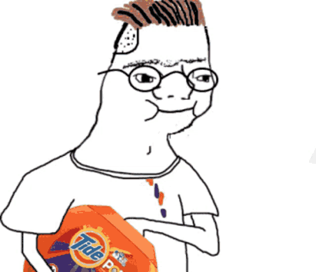 a drawing of a man holding a box of tide pods