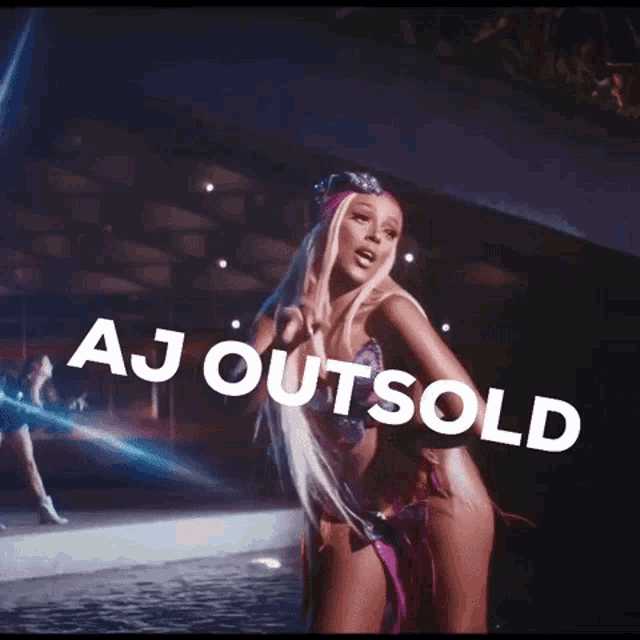 a woman in a purple outfit with aj outsold written on the bottom