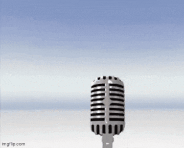 a cartoon character is singing into a microphone while wearing a blue shirt .
