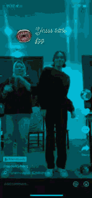 a man and a woman are dancing in a dark room with the words jesss walk written on the bottom