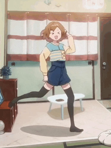 a cartoon girl is dancing in a living room with a table in the background