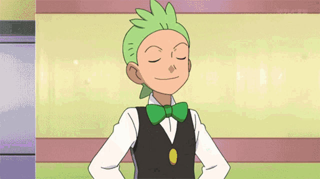 a cartoon character with green hair is wearing a bow tie