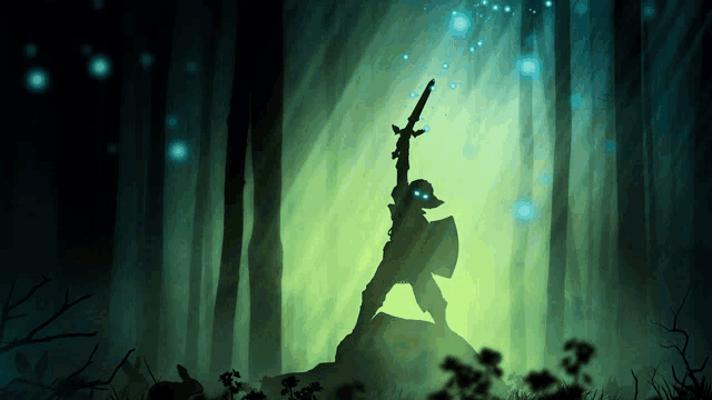 a silhouette of a person holding a sword in the woods