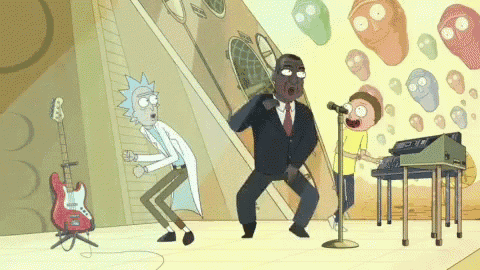 a cartoon of rick and morty playing a guitar and singing into a microphone