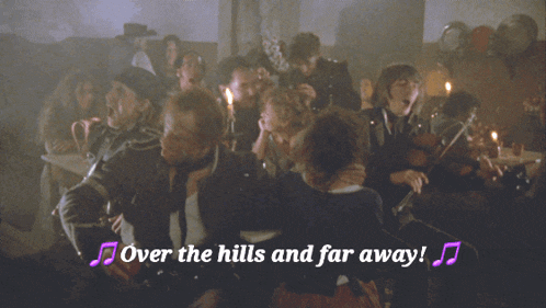 a group of people are dancing and the words over the hills and far away are displayed
