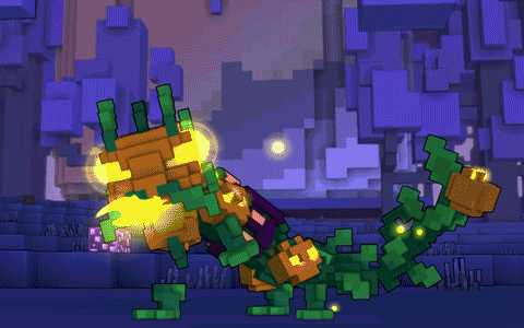a pixel art drawing of a monster with pumpkins on its back