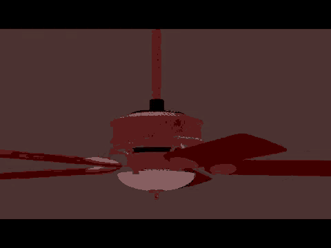 a red ceiling fan with a light on top