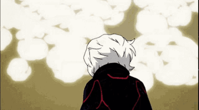 a cartoon character with white hair is standing in front of a blurred background