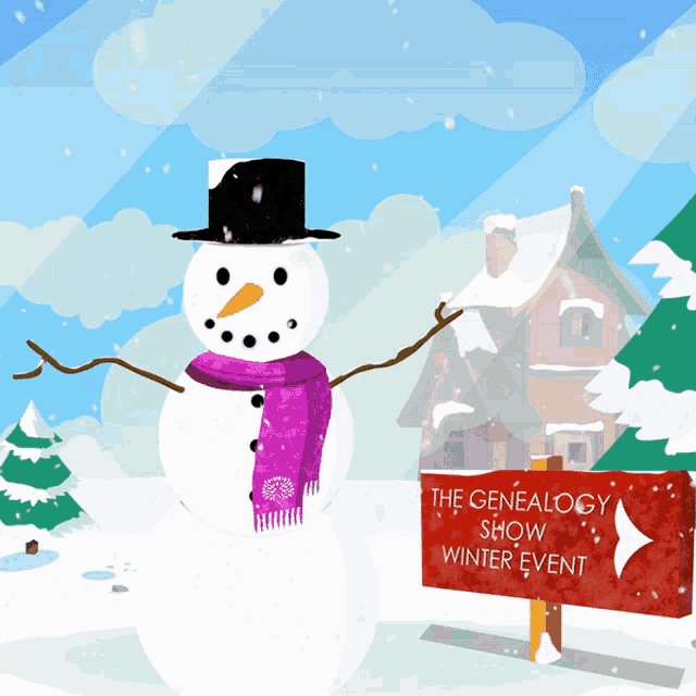 a snowman stands in front of a sign for the genealogy show winter event